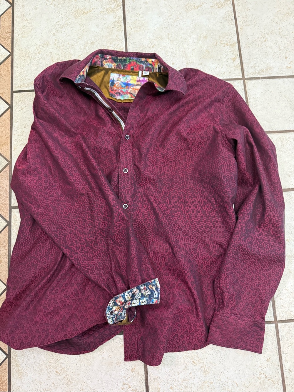 Robert Graham Men's Burgundy Patterned Button-Down Shirt with Contrast Trim